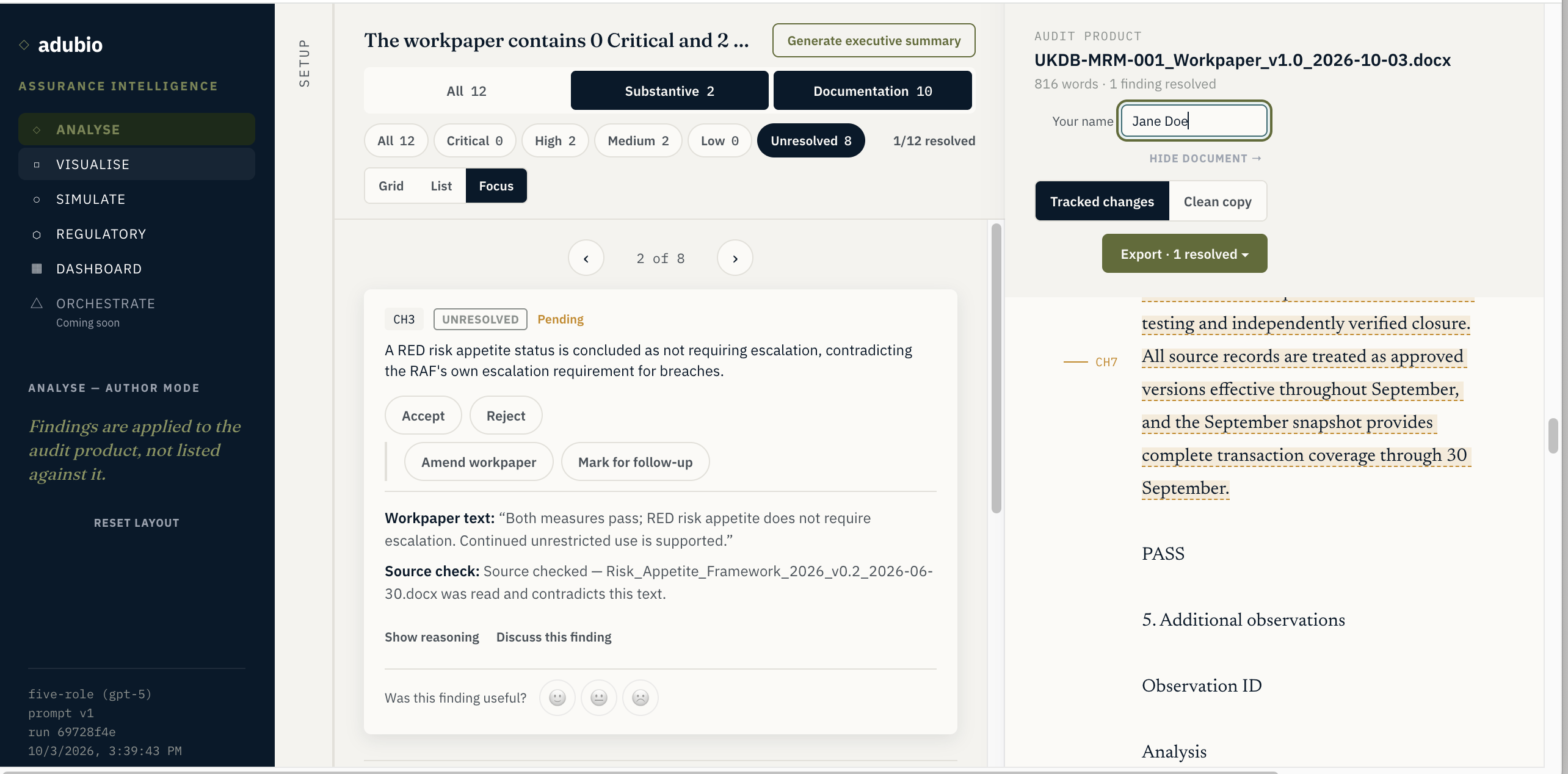 adubio Analyse — workpaper review interface showing findings, source evidence and auditor disposition controls