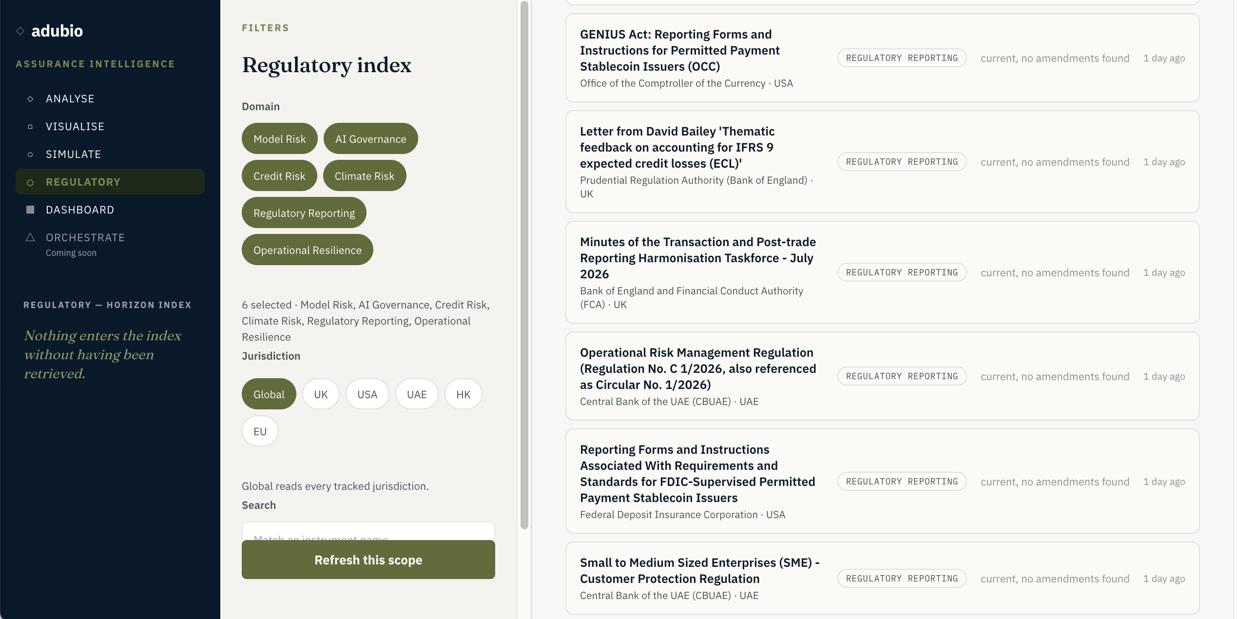 adubio Regulatory — horizon scanning index with domain filters, jurisdiction toggles and live regulatory instrument feed